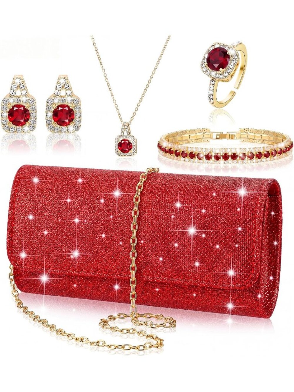 〽️Women's Red 5pc Rhinestone Jewelry Set Crystal Bride Wedding Prom Clutch Purse